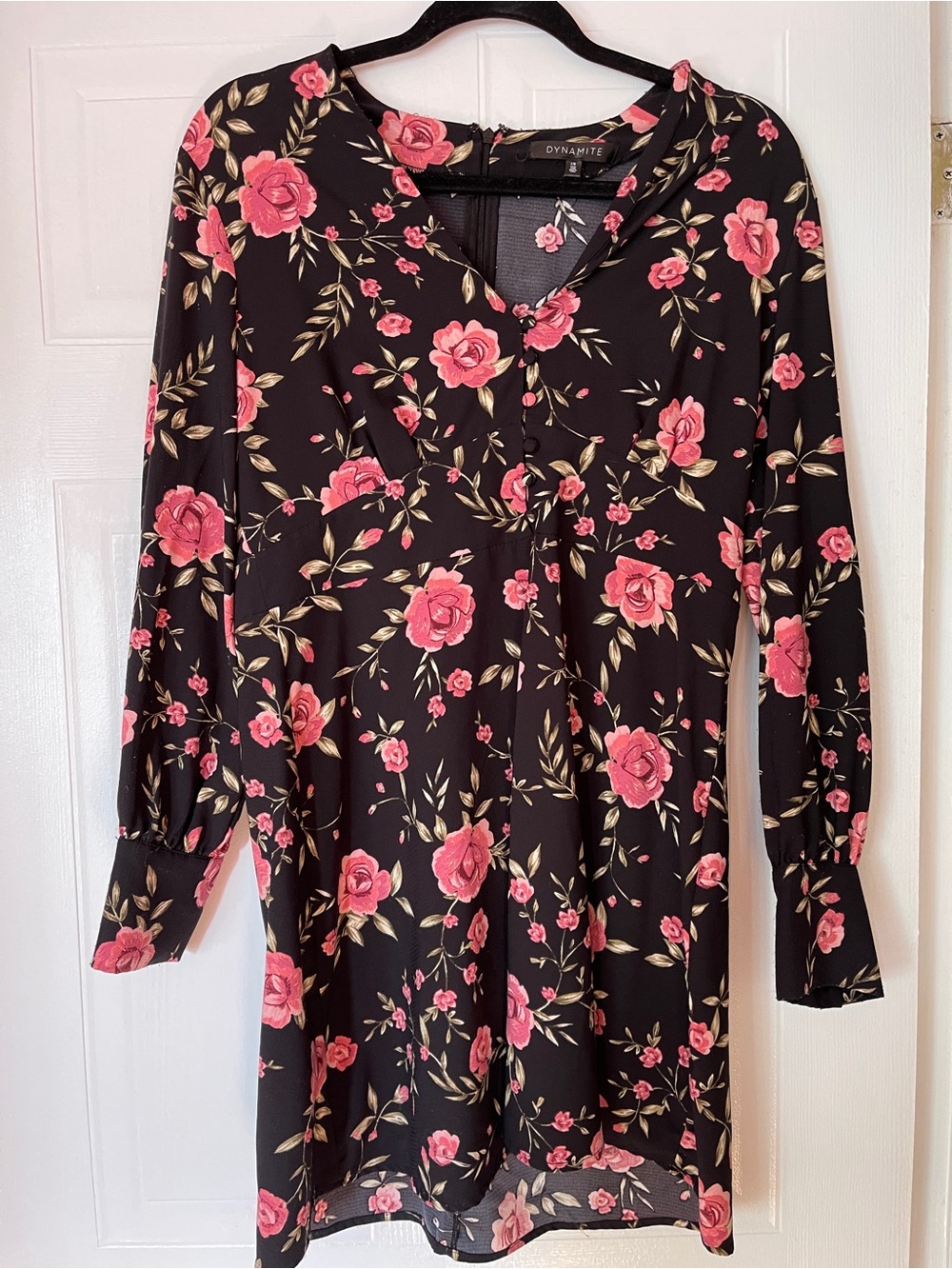 Dynamite Black Floral Button-Front V-Neck Dress with Pink Roses - Picture 1 of 3